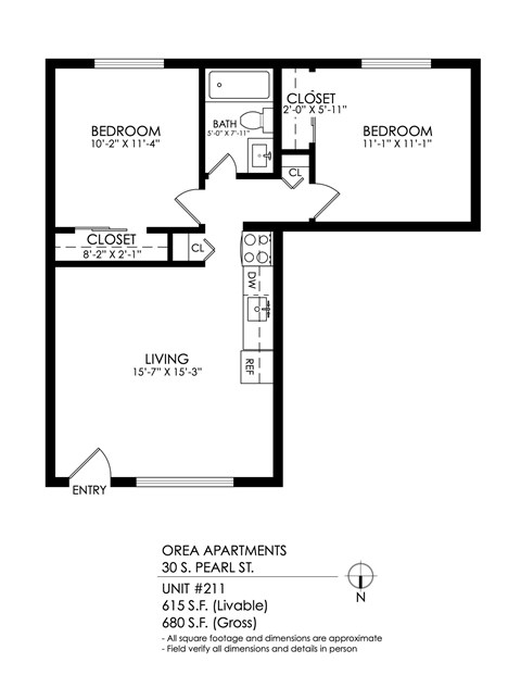 Floor plan for 2 beds, 1 bath, 615 sqft